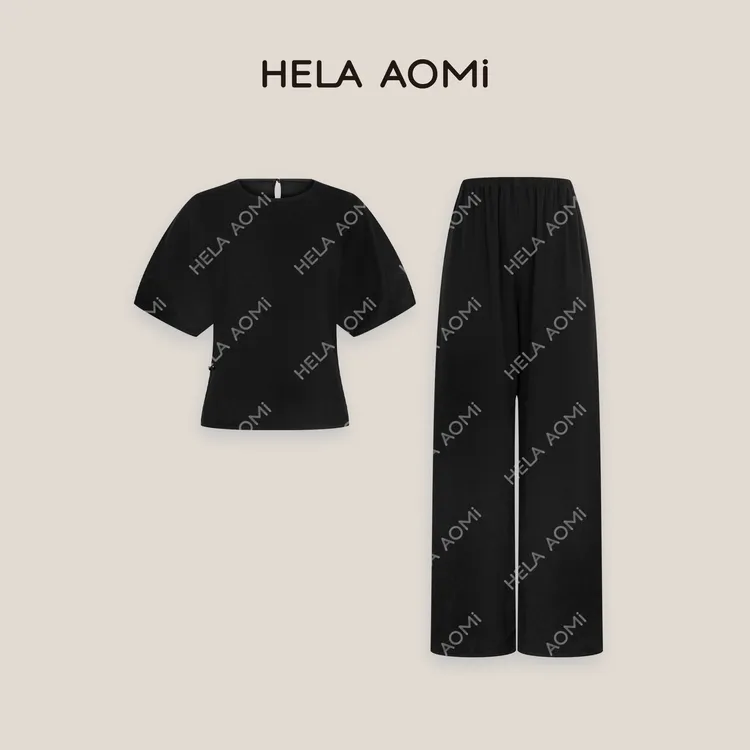 HELAAOMI“高质醋酸82%套装”简约上衣松紧腰休闲裤套装CY5BC99434