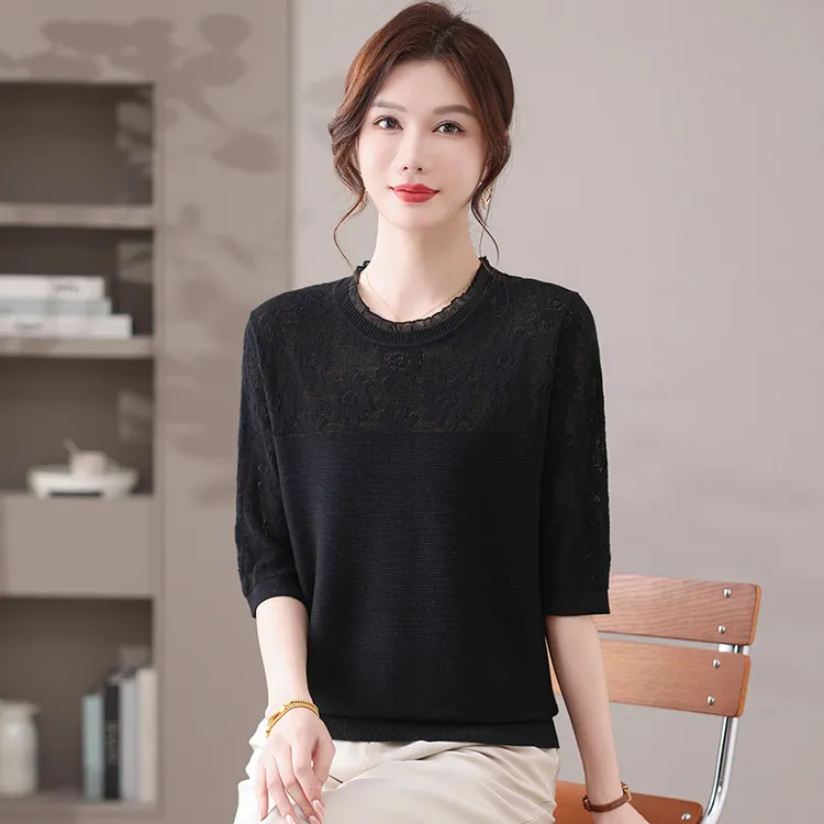 品牌女装秋季提花中袖上衣女七分袖薄款精纺镂空针织衫纯色打底衫