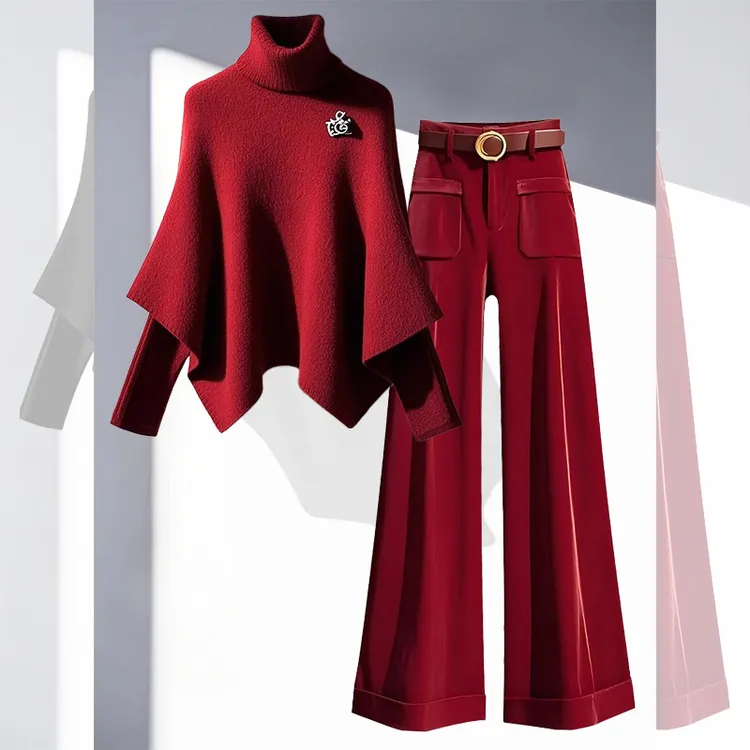 安可拉红高腰宽松阔腿裤今年流行爆款针织衫毛衣独特超好看两件套
