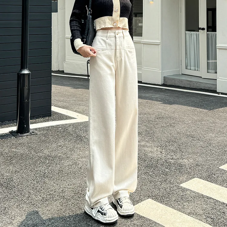 裤子2025年春季米显瘦高腰宽松显高窄版直筒牛仔裤女新款拖地长裤