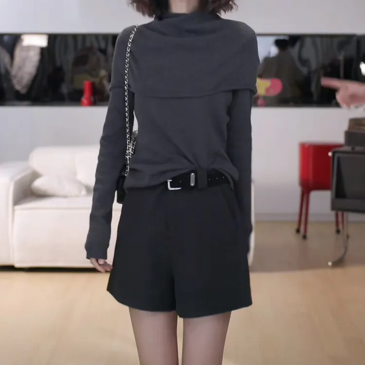 设计感修身帽衫薄款长袖针织上衣女2025新款秋季通勤风显瘦连帽衫