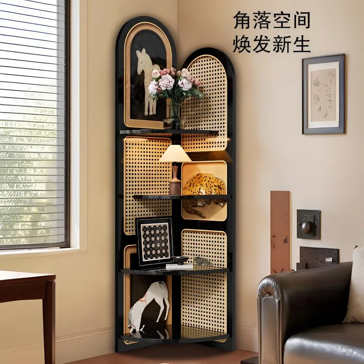 中古风客厅屏风转角置物架竖版落地三角柜复古墙角拐角多层收纳柜