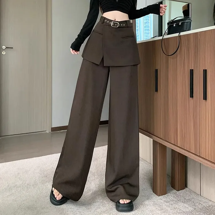 韩国chic假两件屁帘西装裤女春秋小众设计感高腰垂感休闲阔腿长裤