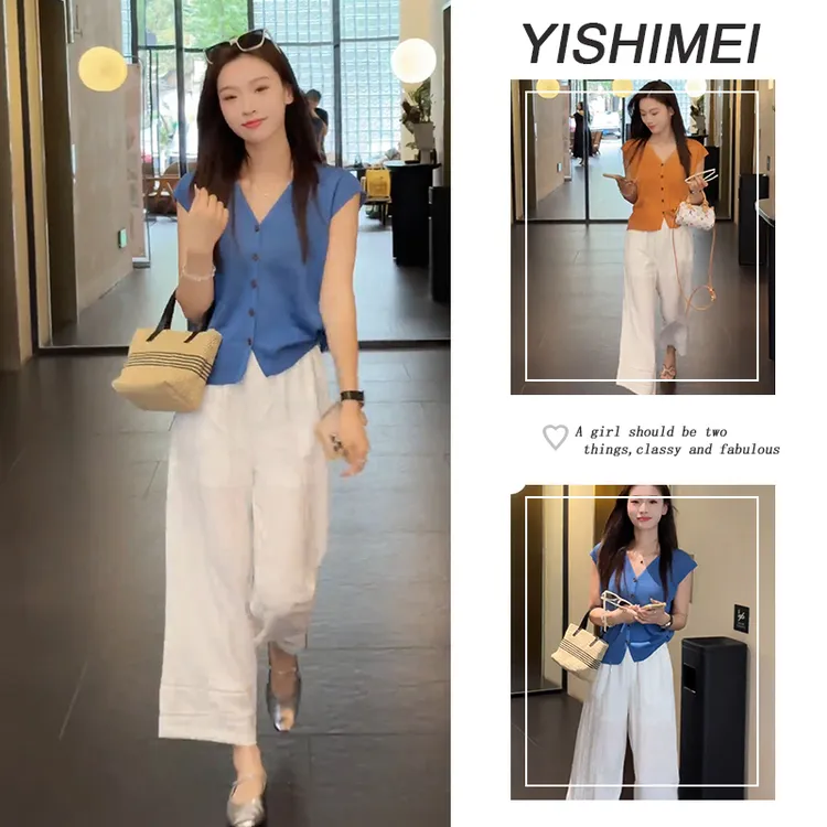 套装女2025夏季新款爆款纯色V领上衣衬衫时尚显瘦洋气长裤两件套