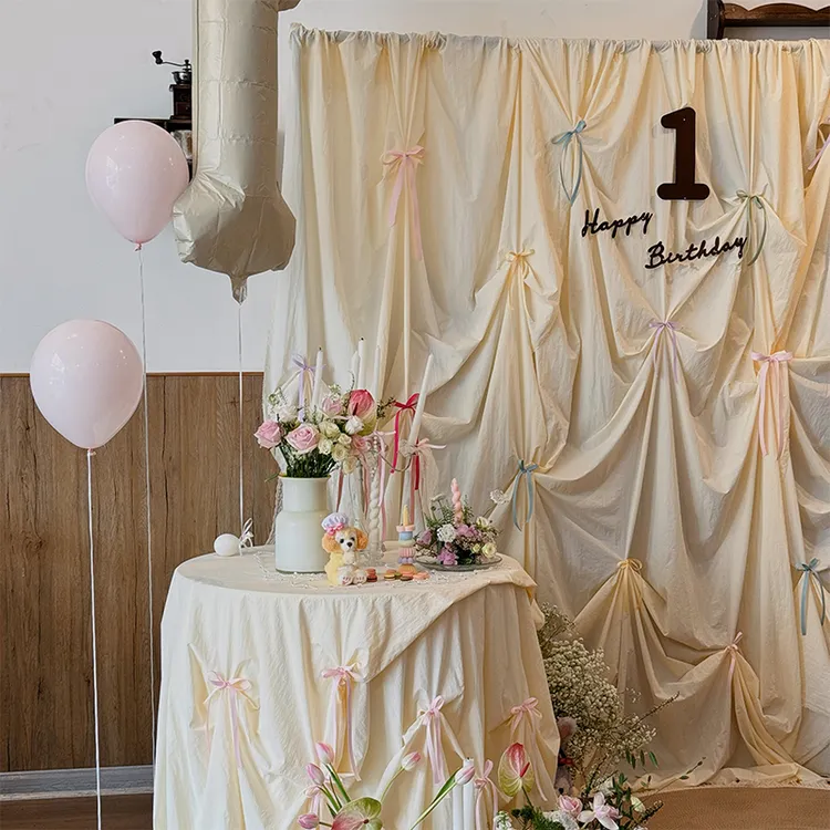 复古奶油风原生布料塑形褶皱蝴蝶结生日背景布幔甜品台桌布挂布