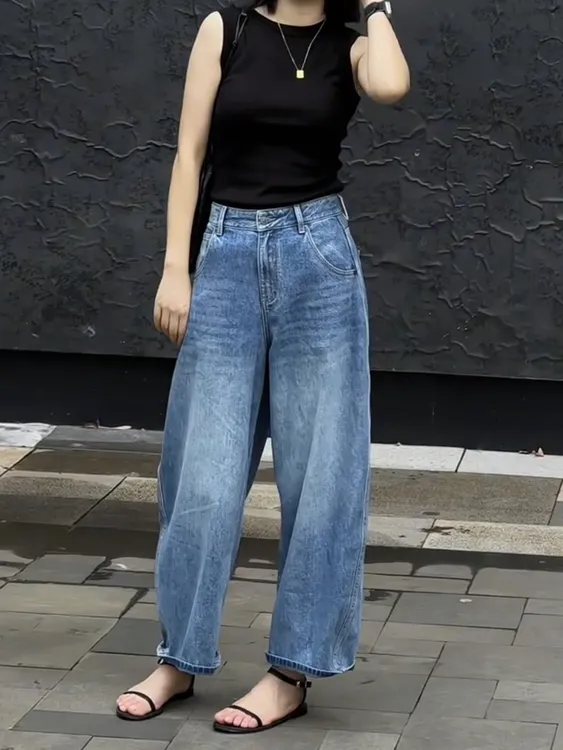 秋季新款高腰显瘦直筒窄版牛仔裤女胖MM小个子百搭弹力九分阔腿裤