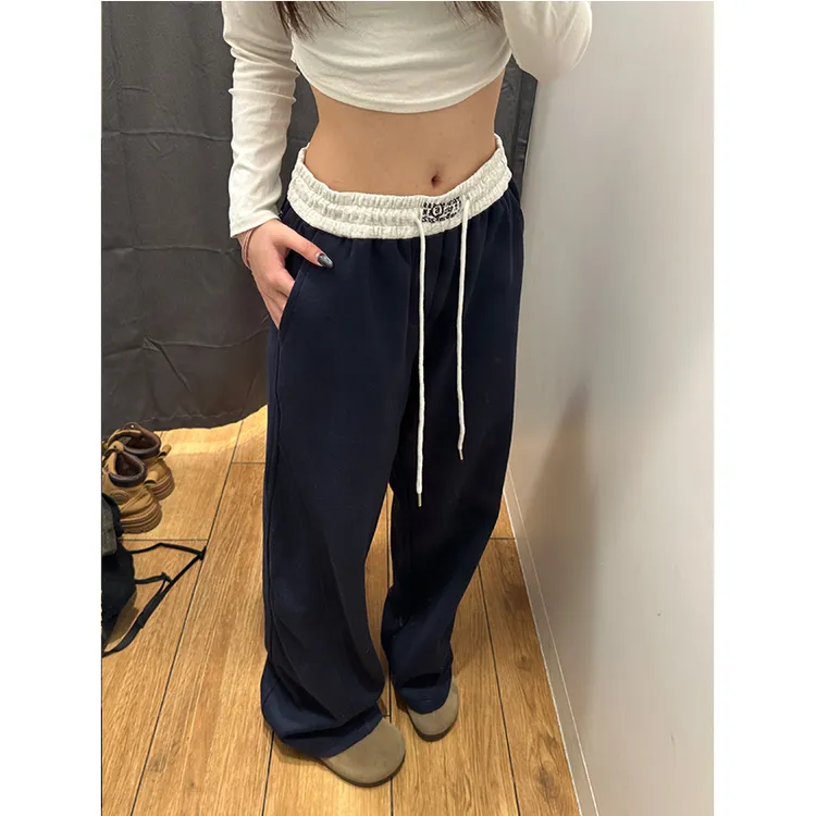 藏蓝色健身弯刀腰头撞色卫裤男女款美式显瘦垂坠感爵士舞运动裤子