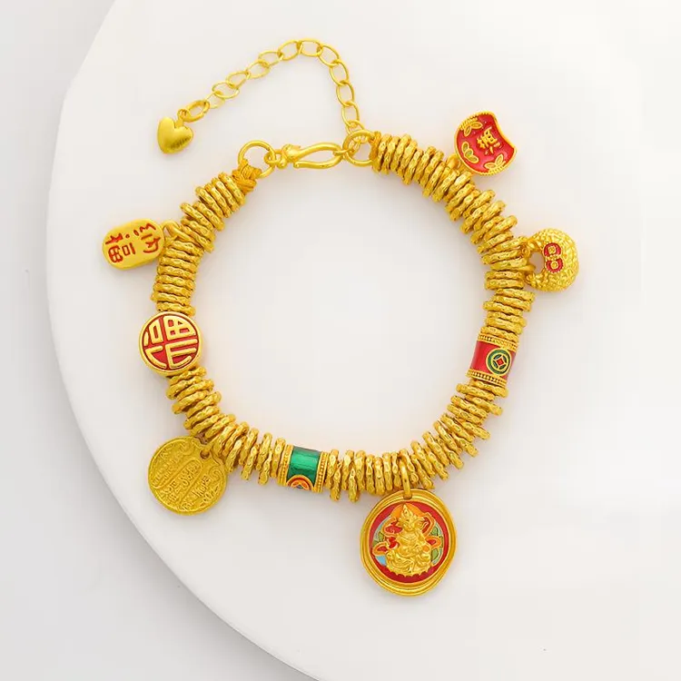 铜合金手链 手链镀K金韦雪同款烧蓝黄配饰盘缠手链手工钱串子手链