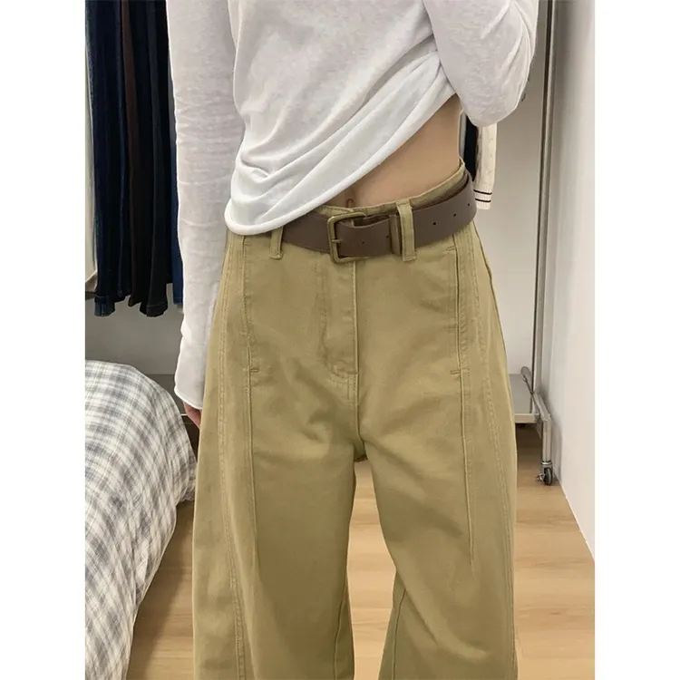 卡其色扭骨弯刀牛仔裤女2025秋季新款小众显瘦宽松垂感阔腿镰刀裤