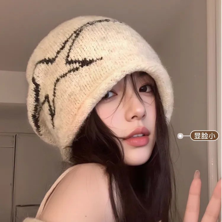 美式复古卷边缝线堆堆帽大头围显脸小冷帽女款2025新款百搭毛线帽