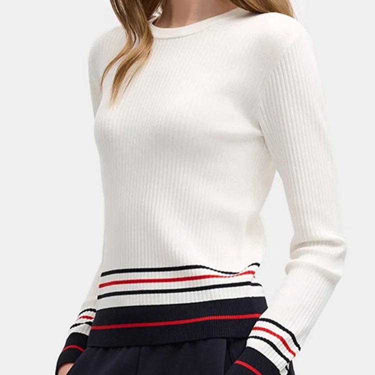 F长袖编织衫秋冬毛衣女冬季新款时尚休闲修身拼色上衣白