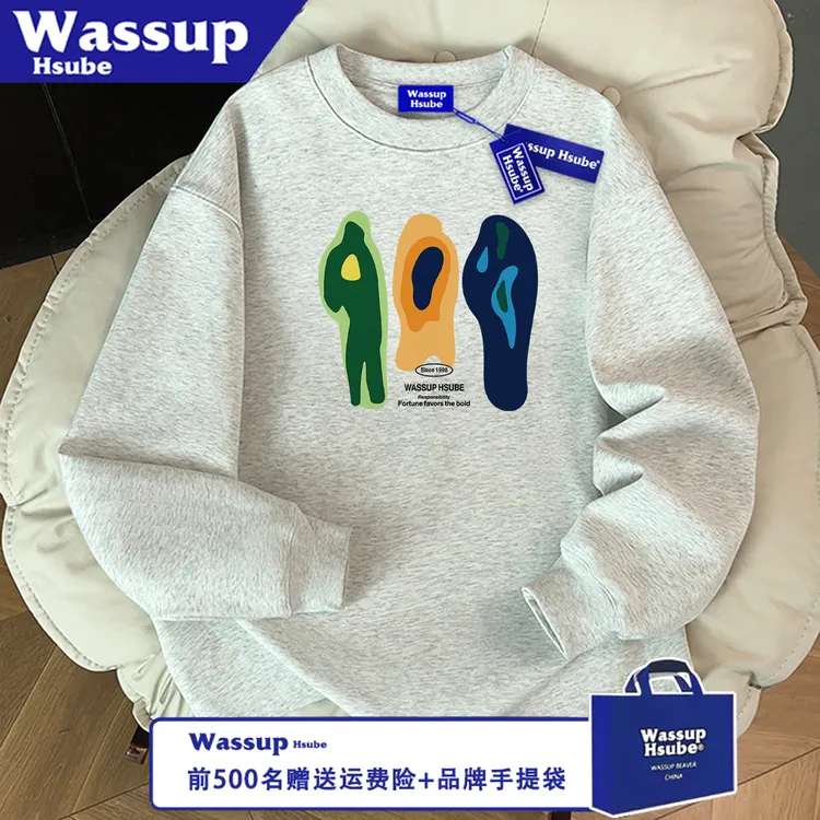 WASSUP HSUBE潮流美式百搭长袖秋冬休闲宽松印花彩色艺术情侣上衣