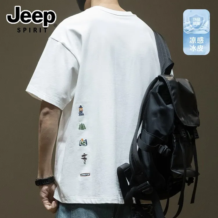 吉普纯棉短袖白色T恤男款刺绣夏季新款男士宽松痞帅慵懒风男装