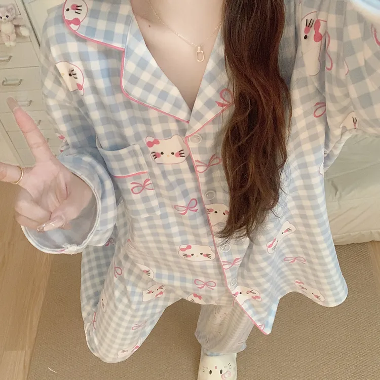 【秋冬德绒】加厚睡衣女2025新款韩系卡通格子Kitty长袖家居服套装