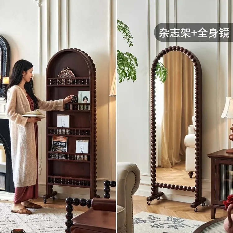 法式中古风复古全身镜杂志书架两用落地穿衣镜可旋转带置物架一体