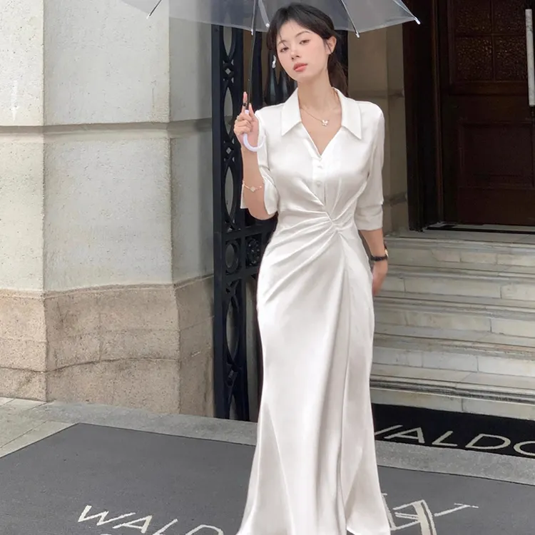 春季v领衬衫连衣裙气质法式修身名媛女褶皱收腰显瘦鱼尾裙D0553