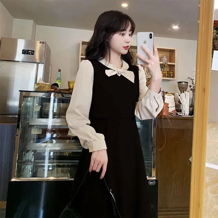 法式复古假两件蝴蝶结撞色连衣裙女秋装设计感胖妹妹高腰衬衫裙子