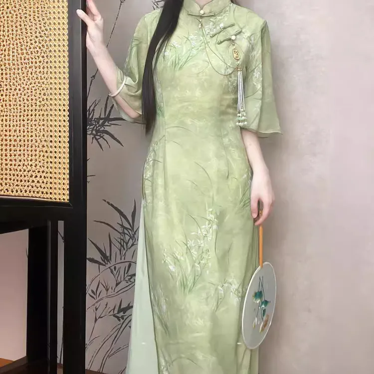 新款】奥黛叶舞兰草连衣裙复古风2024少女新中式夏季年轻款旗袍【