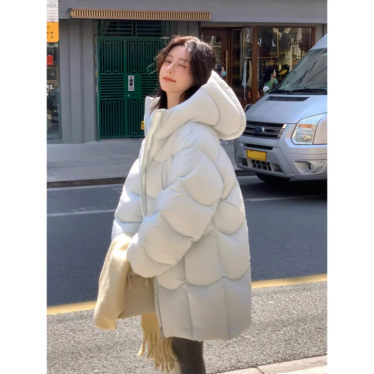 90安心绒25冬季新款云朵泡芙茧型羽绒服女中长款宽松加厚连帽外套