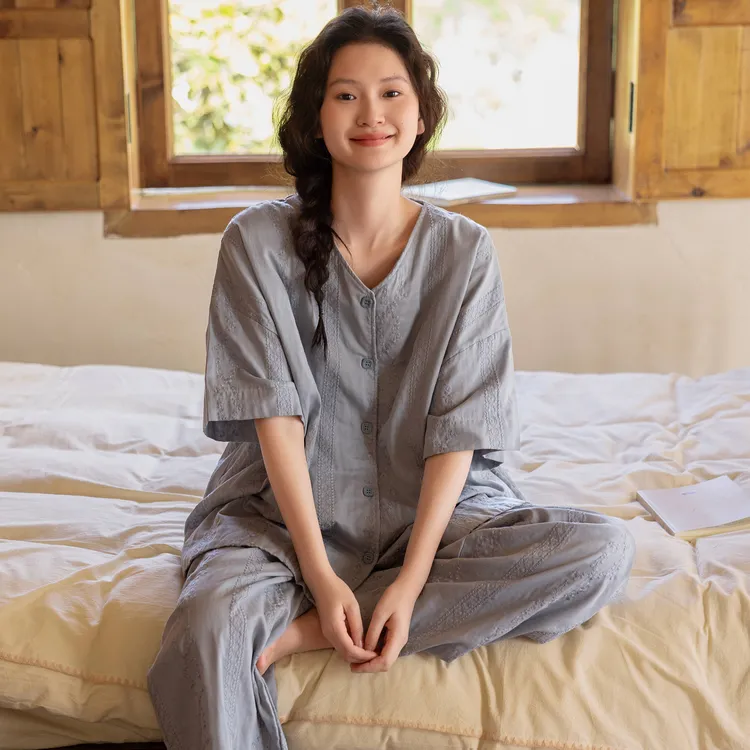 族玛士睡衣女夏季薄款短袖长裤刺绣复古中国风大码家居服套装夏天