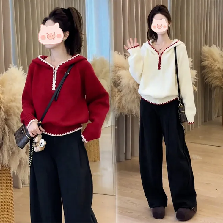 韩版撞色边半拉链连帽针织衫2025冬季新款洋气减龄宽松套头毛衣潮