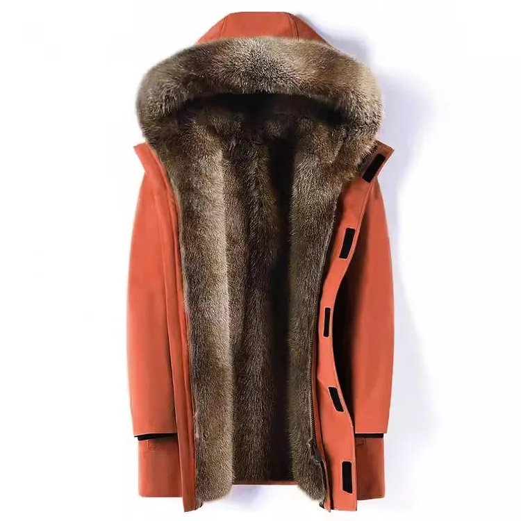 海宁新款皮毛一体派克服男仿貂内胆可拆卸加绒毛毛外套中长大衣冬