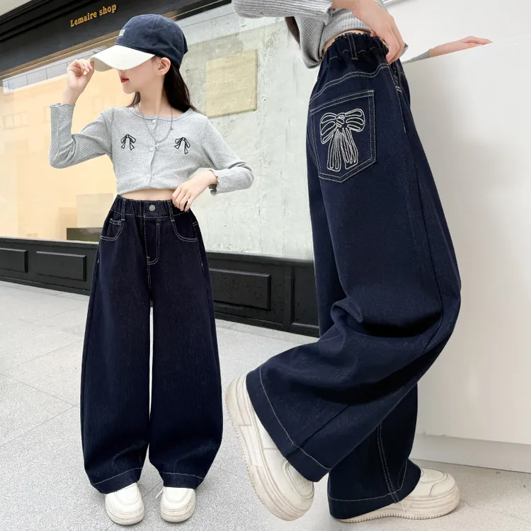 女童裤子春秋款2025新款女大童丹宁蓝牛仔裤初中生秋季直筒阔腿裤