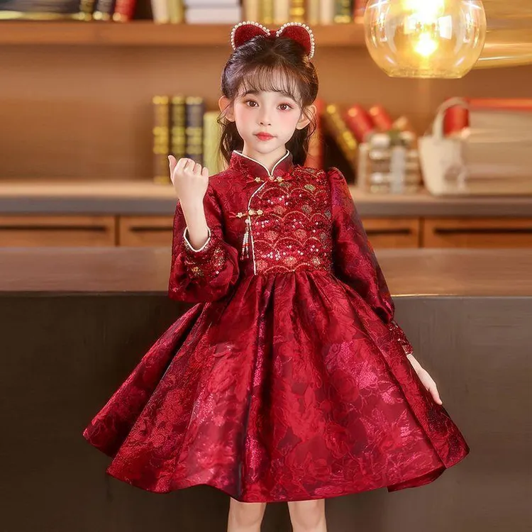 女童连衣裙2025新款洋气公主裙儿童旗袍冬裙女宝宝小礼服新年服装