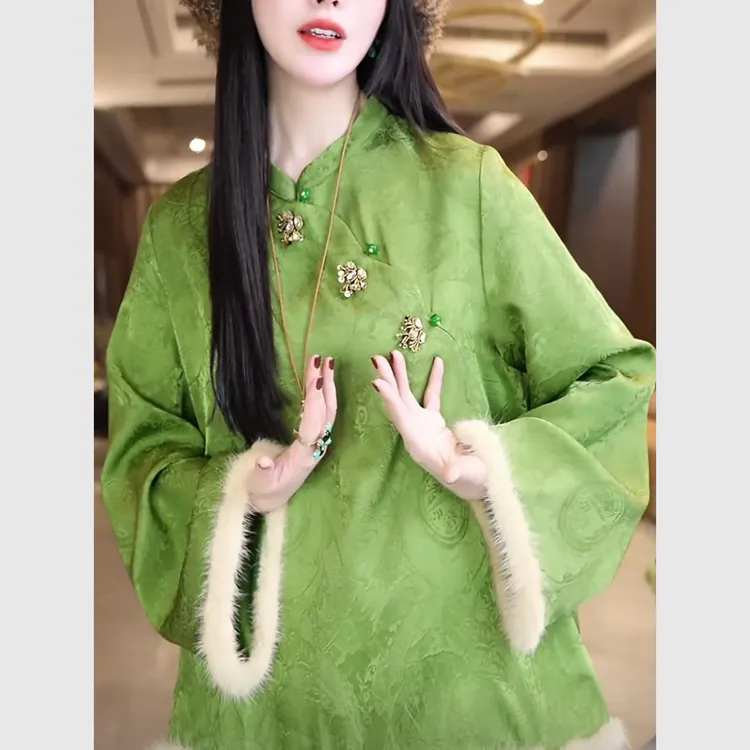 2025秋新款新中式国风复古斜襟暗花拼接毛边气质百搭宽松显瘦上衣