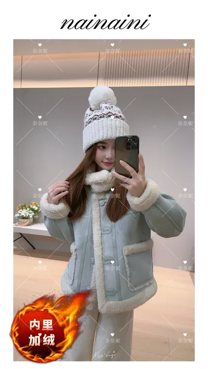 奈奈妮【观雪】厚款皮毛一体毛外套女2025秋冬毛绒翻领7761