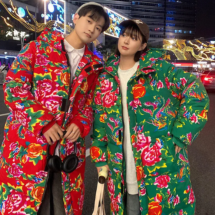 东北大花棉袄男女情侣长款中国风牡丹花加厚棉服冬保暖连帽外套