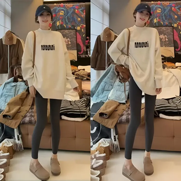 灰色慵懒风中长款圆领加绒卫衣秋冬2025新款休闲宽松长袖上衣