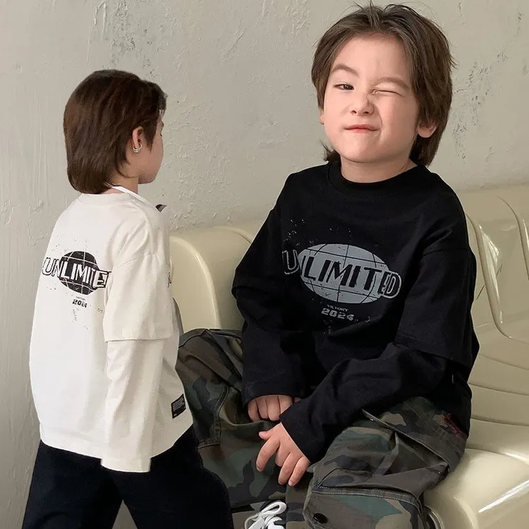 男童长袖t恤秋季新款纯棉男孩洋气字母上衣儿童假两件打底衫