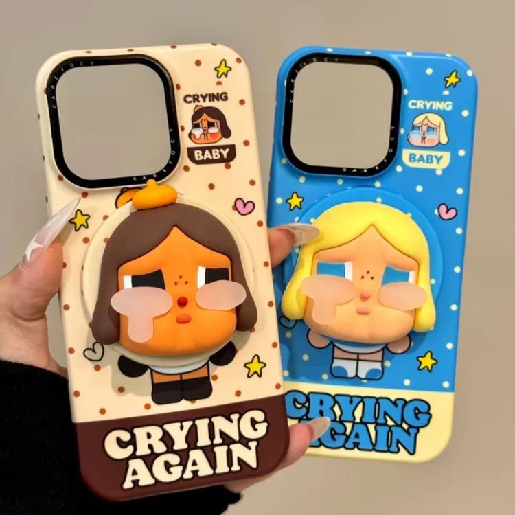 ins拼色波点卡通哭娃磁吸适用苹果16promax手机壳iPhone15Pro支架