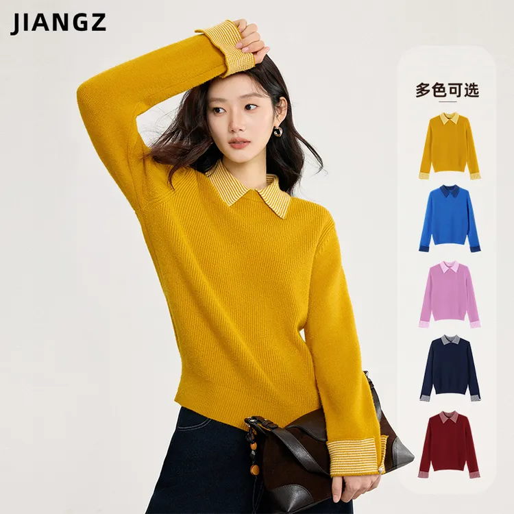江洲【叠韵】保暖秋冬新款简约风百搭假两件翻领羊毛针织衫打底小衫
