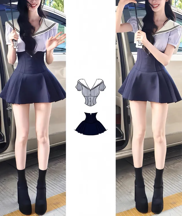 易梦玲同款 学院风爱豆夏季短袖条纹鱼骨水手领短裙女两件套装