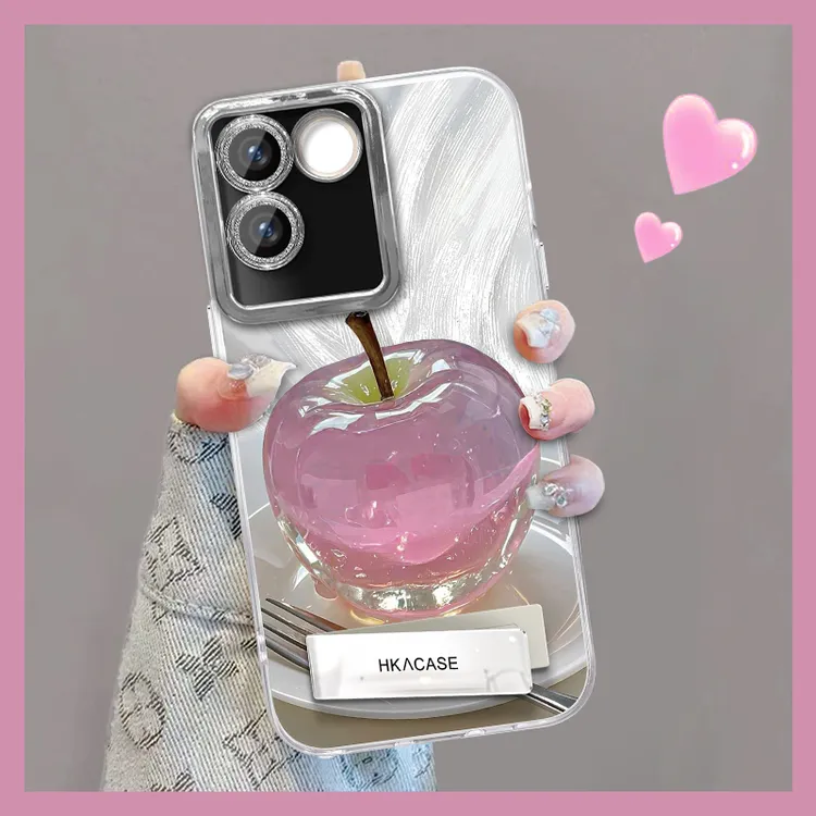 适用于vivos17e精孔羽纱晶莹粉苹果网红个性创意支架全包手机壳女