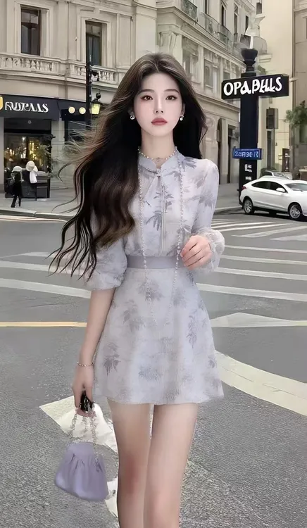温柔知性风印花设计立领修身收腰氛围感连衣裙女显瘦高级感女装