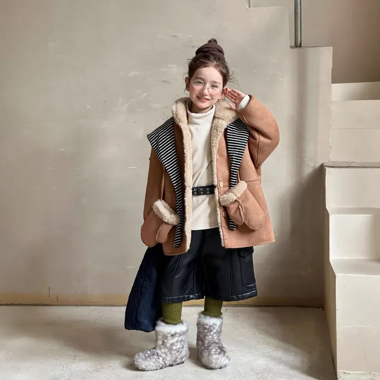 【带手套】冬季新款韩版儿童皮毛一体外套女童加厚防风麂皮绒上衣潮