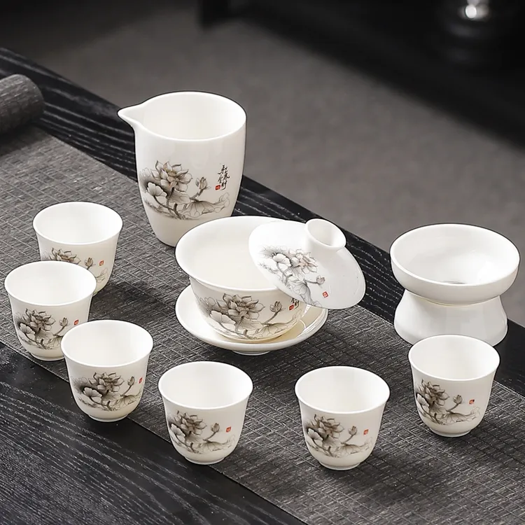 套装家用办公泡茶悬停三才盖碗茶杯一整套陶瓷功夫茶具送礼