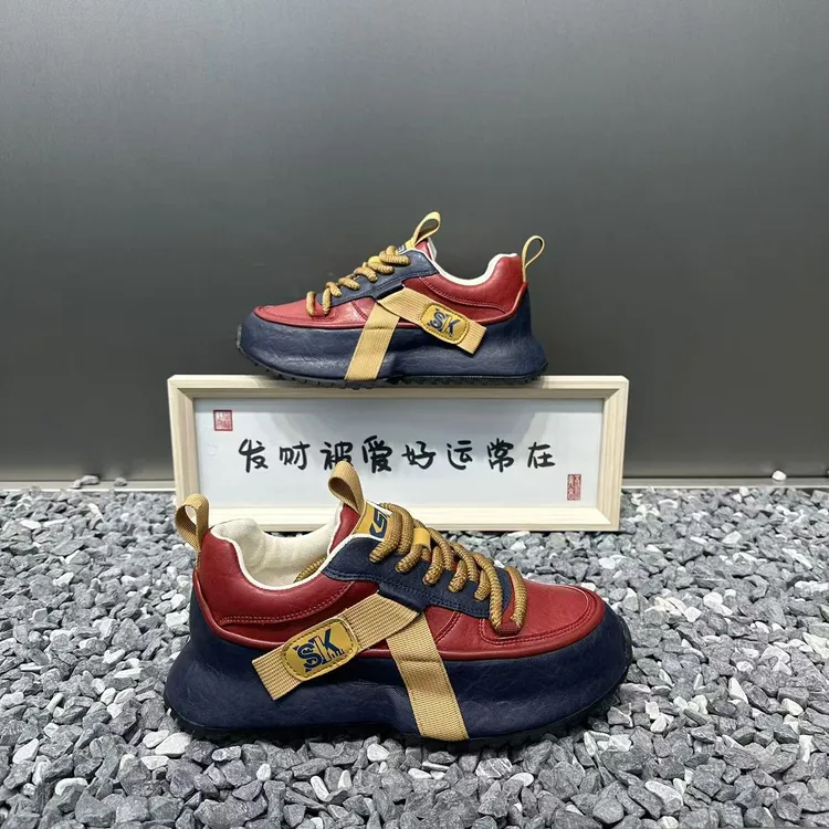 新款男士系带低帮百搭时尚拼色厚底增高舒适软底潮流运动休闲鞋