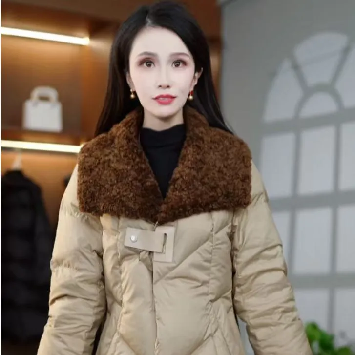 气质毛领拼接优雅冬季长款时尚保暖白鸭绒羽绒服M-4XL
