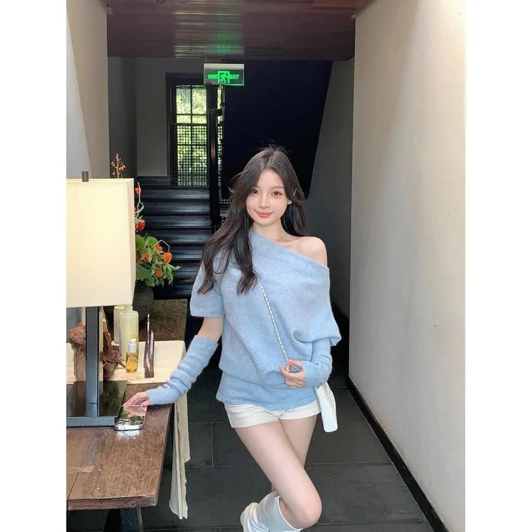 慵懒风一字领宽松显瘦短袖针织衫上衣女秋冬松弛感露肩配袖套毛衣