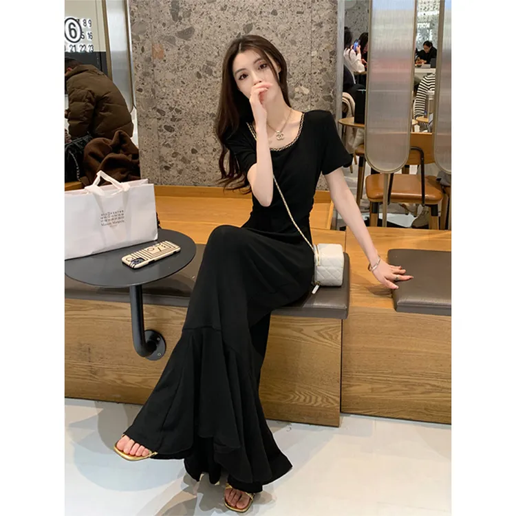 法式洋气黑色鱼尾连衣裙女夏季2025新款收腰显瘦气质高级感长裙子