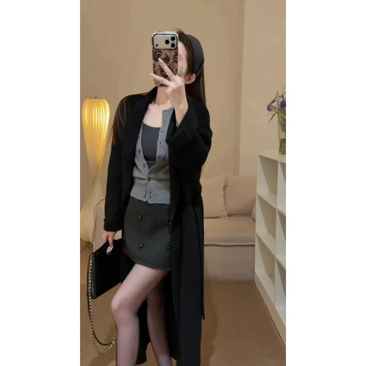 韩系简约纯色慵懒宽松外套大衣女装秋冬新款时髦气质显瘦裙子套装
