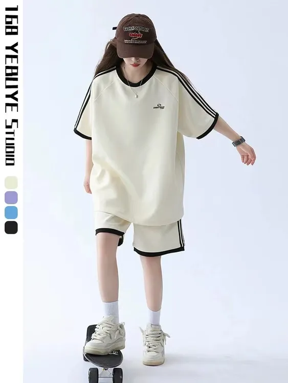 运动服学生百搭五分休闲华夫格ins休闲运动套装洋气短裤潮流夏季