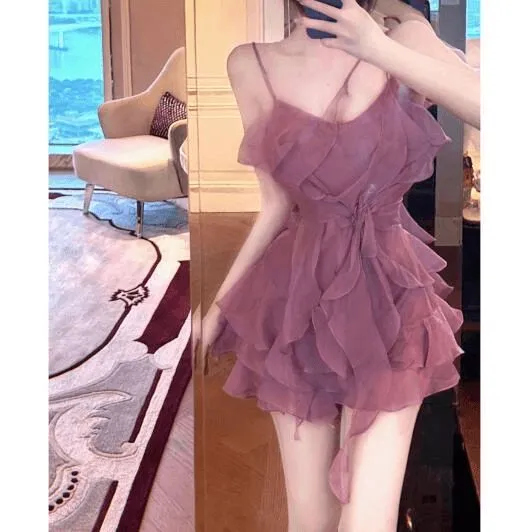 气质典雅风紫色吊带荷叶边连衣裙辣妹性感花朵温柔纯欲露背显瘦短