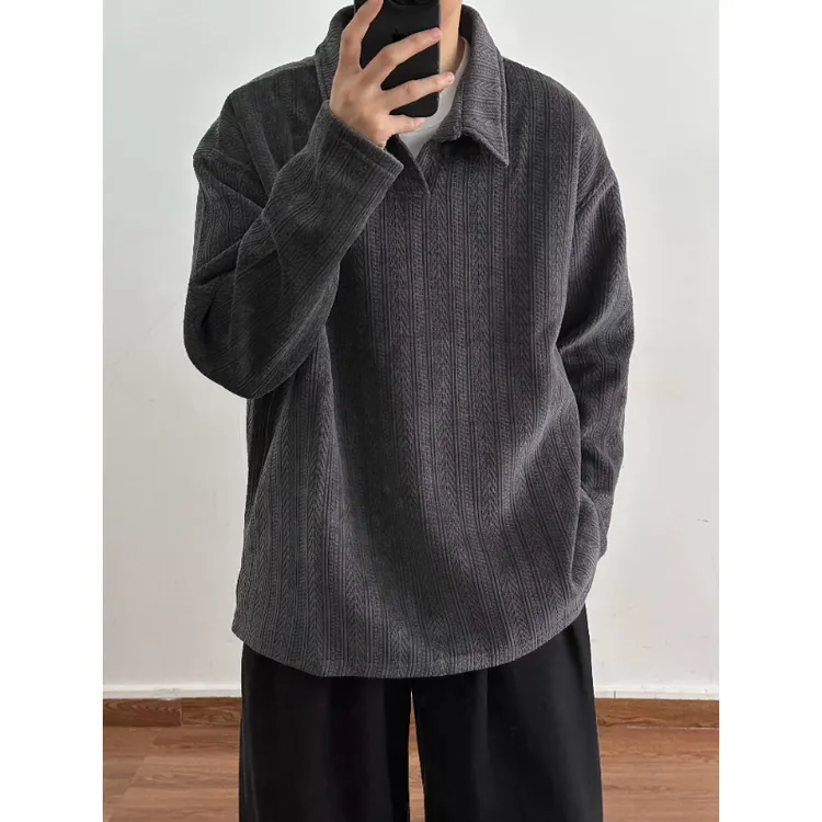 麦穗条格纹翻领卫衣男秋季cleanfit高级感重磅正肩长袖polo衫上衣
