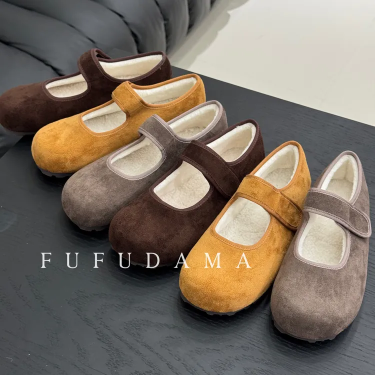 【胖福福大码女鞋】加绒软底毛毛鞋女新款包头魔术贴玛丽珍棉鞋