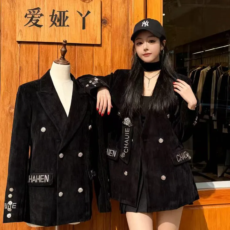 小众炸街设计休闲烫钻雪尼尔新款时尚洋气女总裁轻奢气场西装